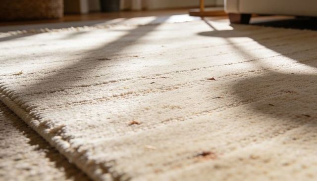 Sunlit beige rug casting long window shadows with soft pile and fringe