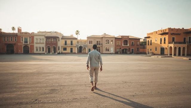 Walking man crossing sunlit mediterranean plaza at golden hour, long shadow and arches