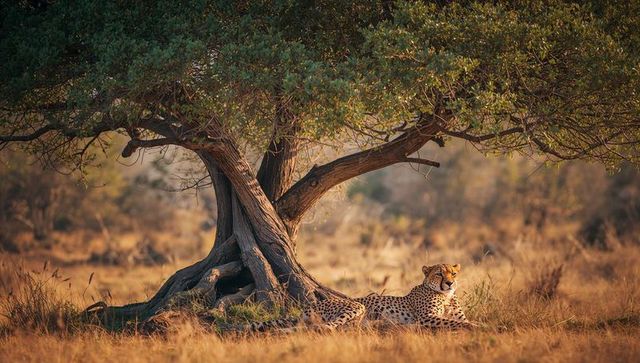 Cheetah Resting Under Tree in Golden Savanna Landscape