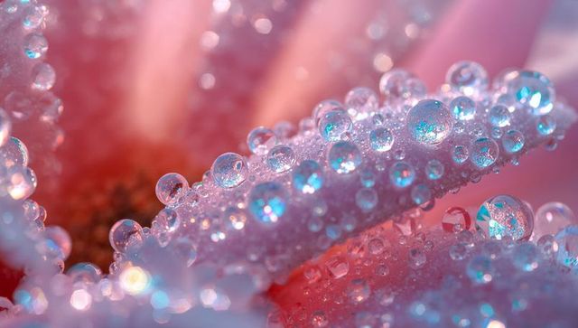 Glistening dew on pastel flower petal macro with sparkling water droplets and pollen bokeh
