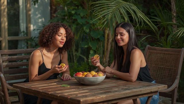 Two friends sharing peaches while sitting at sunlit wooden patio table in garden
