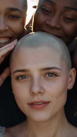 Friends smiling and pressing faces in sunlit closeup around shaved head during golden hour
