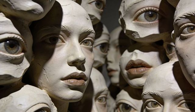 Surreal cluster of lifelike sculpted faces with cracked plaster and painted hazel eyes