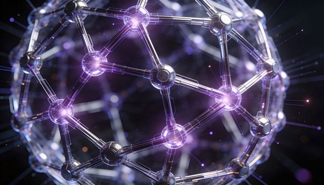 Glowing geodesic nanolattice emitting violet light with metallic rods and glass nodes
