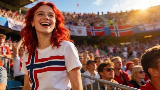 Red-haired norwegian fan cheering in stadium wearing norway flag t-shirt at sunset