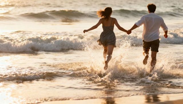 Couple running hand in hand along golden-hour beach waves splashing with joy