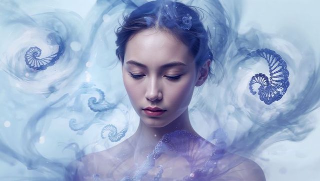 Dreaming bare-shouldered woman surrounded by swirling ammonite spirals in blue-violet