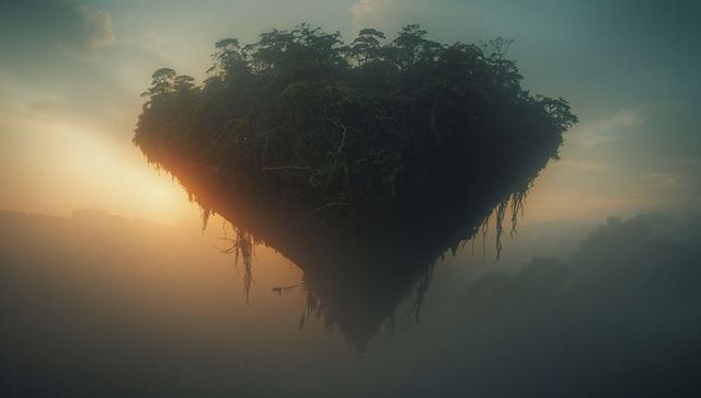 Floating Inverted Island Over Misty Forest at Sunrise