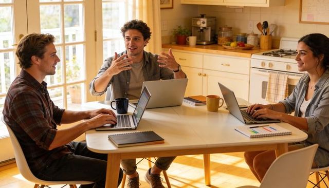 Young team collaborating at kitchen table with laptops and coffee in bright home workspace