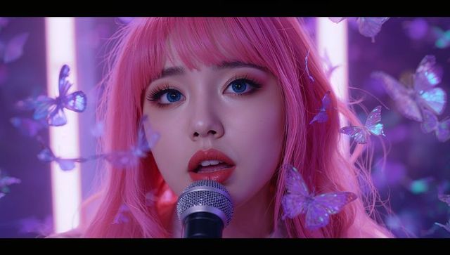 Pink-Haired Performer Singing in Futuristic Neon Studio