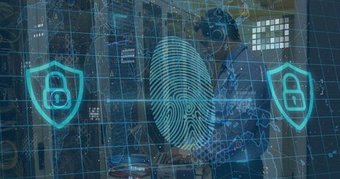 Holographic fingerprint over data center illustrating cybersecurity