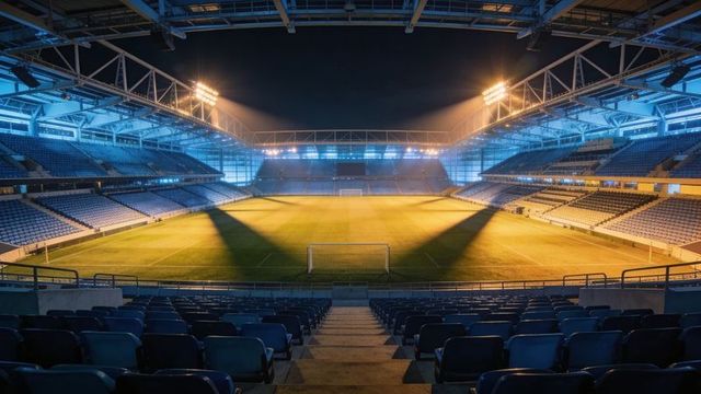 Shining floodlights lighting empty stadium pitch at night with dramatic shadow patterns