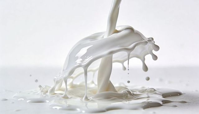 Pouring milk forming crown splash with glossy droplets and high-speed motion
