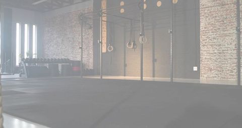 Industrial crossfit gym interior featuring pull-up rig and gymnastic rings in daylight