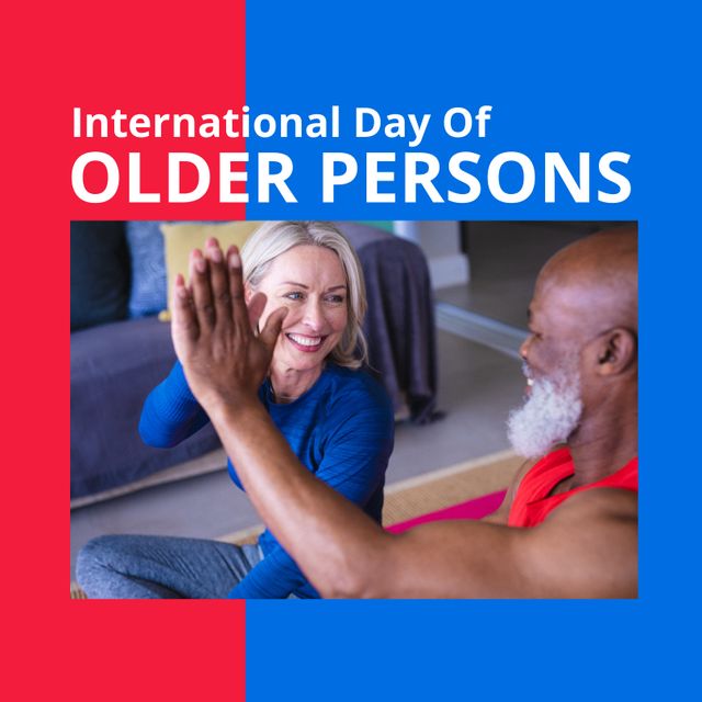 Image of international day of older persons over happy diverse senior couple exercising. Seniors, lifestyle and celebration concept.