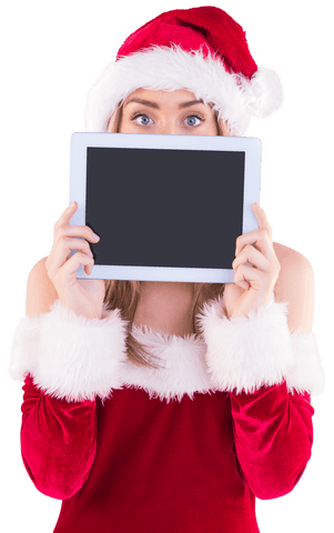 Transparent Santa Girl Holding Blank Tablet Holiday Concept