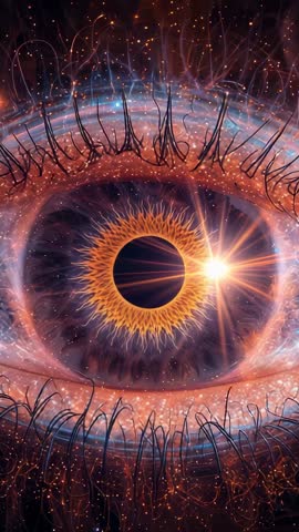 Cosmic Eye with Star Flare Sweeping Across Pulsing Iris, Drifting Stardust Vertical