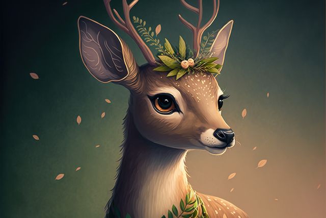 Portrait of cute deer and leaves on green background, created using generative ai technology. Portrait and animals concept, digitally generated image.
