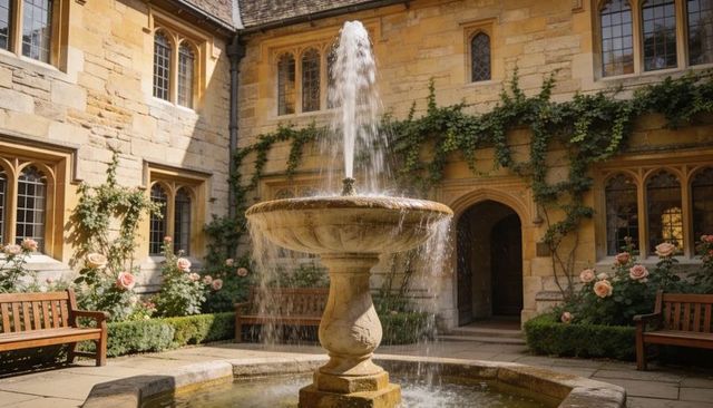 Spraying stone fountain in sunlit historic courtyard with climbing ivy and rose bushes