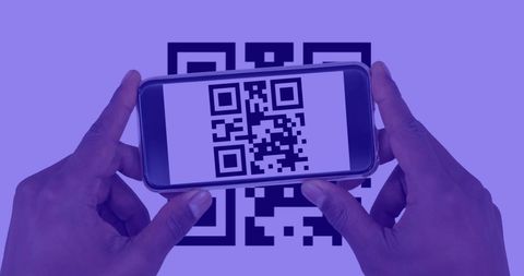 Scanning qr code on smartphone with purple background