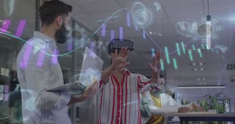 Business Team Interacting with Virtual Financial Data Interface