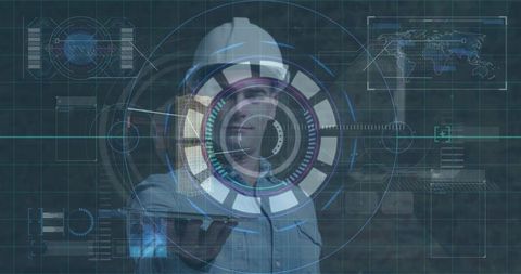 Engineer interacting with high-tech digital interface
