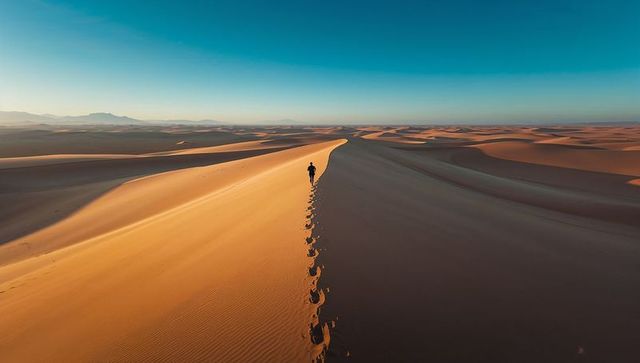 Walking lone hiker leaving footprints along sunlit dune crest at golden hour, aerial view
