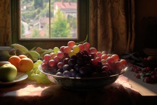 Close up of red and white grapes in bowl in kitchen, created using generative ai technology. Grapes, fruit and still life concept digitally generated image.