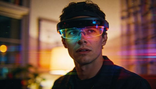 Man wearing ar headset testing mixed reality smartglasses in dim home office