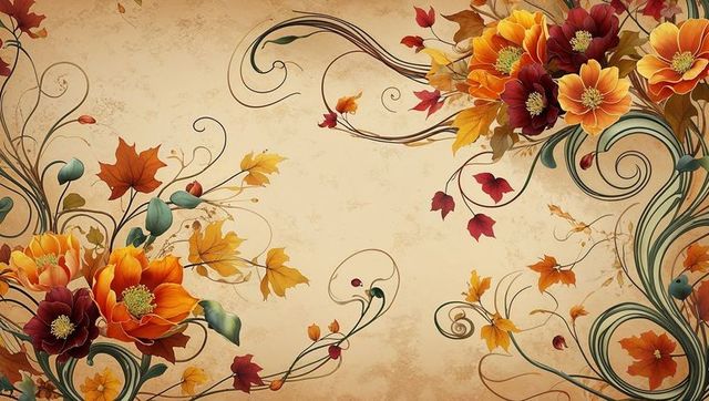 Ornate botanical border with vibrant flowers and leaves on parchment