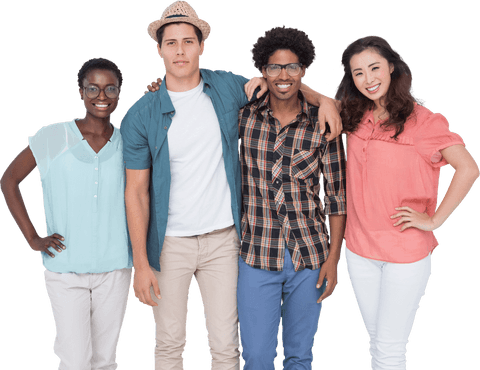 Diverse Young Adults Smiling in Casual Summer Outfits Transparent