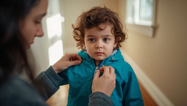 Caregiver fastening curly-haired toddler's teal hooded jacket in sunlit hallway