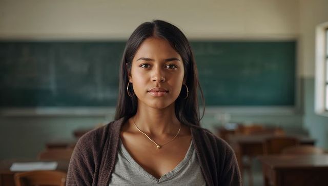 Young student standing in classroom facing camera confident natural school portrait