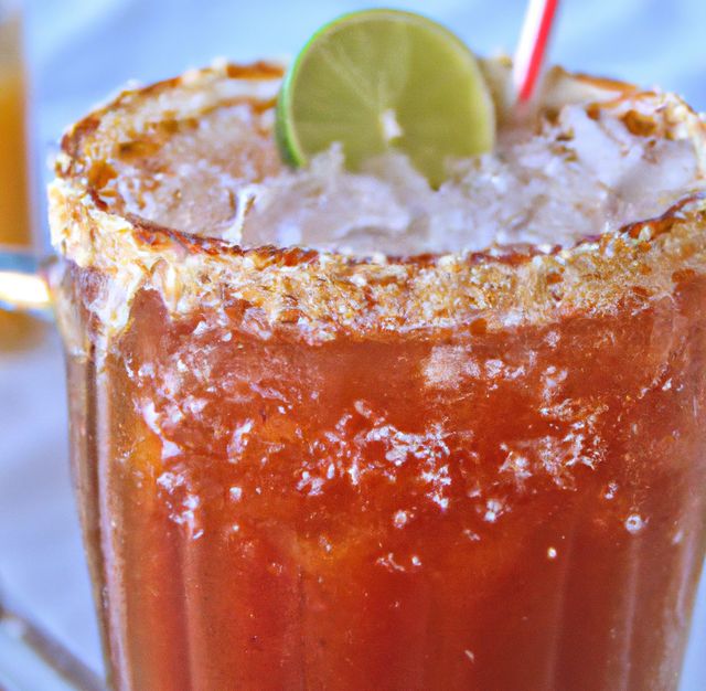 Image of close up of michelada drink in glass with sugar frosted edge and slice of lime. Mexican and alcoholic drink concept.