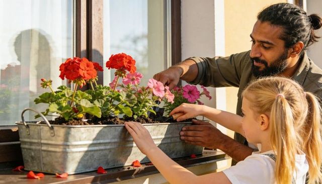 Caregiver guiding young girl planting window box geraniums on sunny windowsill at home