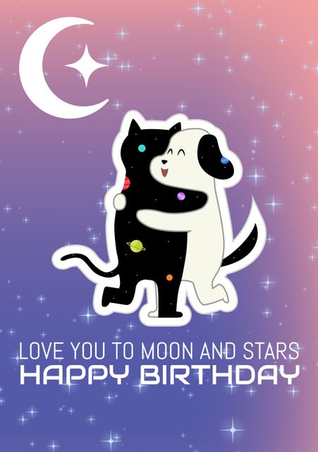 Ideal for creating birthday greeting cards, especially for children and pet lovers. The adorable cartoon theme with a moonlit sky gives a warm, affectionate feel perfect for wishing someone a happy birthday with a whimsical touch.