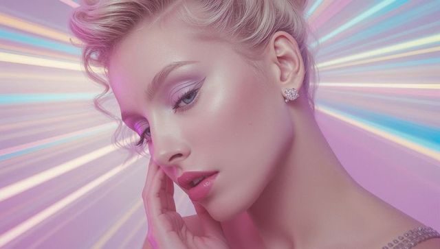 Elegant Model with Dewy Skin and Pastel Makeup in Studio Lighting