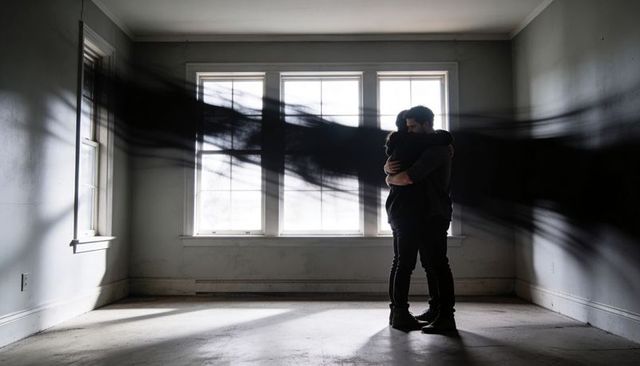 Backlit couple embracing in empty room with dark smoke veil conveying grief and intimacy