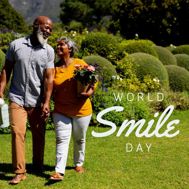 Composition of world smile day text over african american couple walking in garden. World smile day and celebration concept digitally generated image.