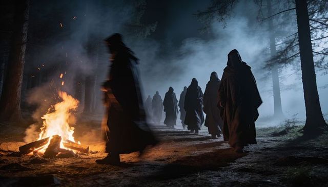 Hooded cloaked figures marching through misty pine forest past flickering campfire