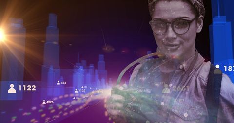 Woman with camera over digital cityscape and network icons