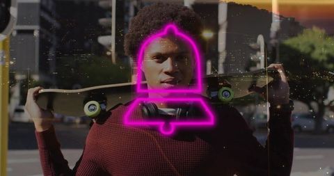 Urban skater holding skateboard on shoulders with neon magenta bell overlay and headphones