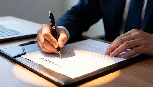 Executive signing contract with gold fountain pen in leather folio beside laptop, closeup