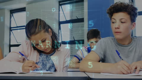 Students in Learning Environment with Digital Warning Overlay