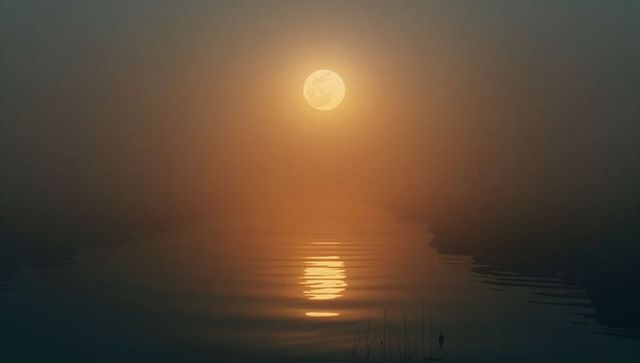 Serene full moon reflections on foggy lake at night