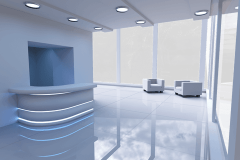 Modern Transparent Lobby with Sleek Decor and Four Chairs