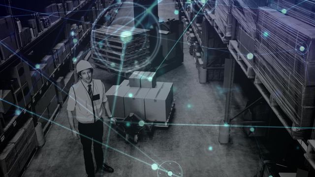 Visual showing a male warehouse worker in an environment with overlaying network connections. Perfect for illustrating themes of global business, technology integration in logistics, and innovative delivery services. Suitable for articles, presentations, and reports on supply chain management and digital transformation in warehouses.