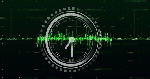 Analog clock displaying 10:10 over neon green waveform hud interface for futuristic data analytics