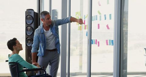 Business meeting collaboration with sticky notes on glass