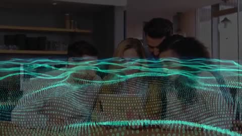 Team Collaborating with Virtual Holographic Data Displays in Office
